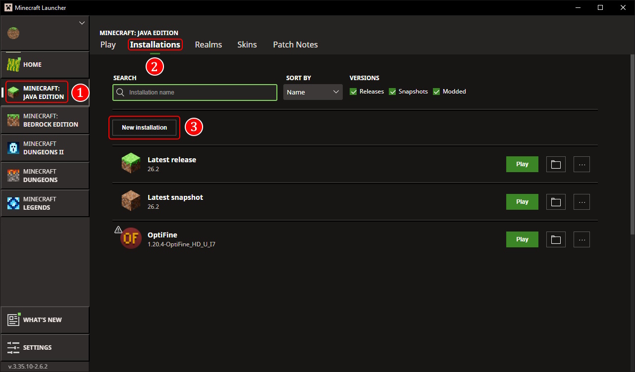 Minecraft Version Installation Step 1