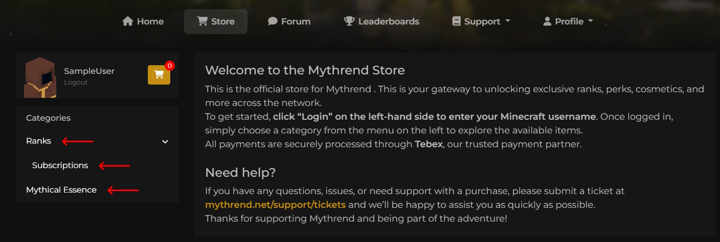 Mythrend Store Menu